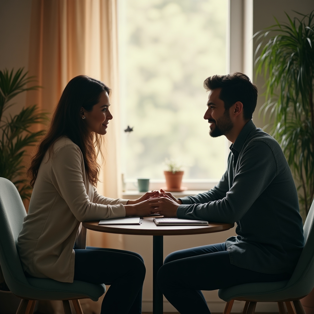 Manager and employee sitting across from each other during a scheduled development conversation, separate from compensation discussion