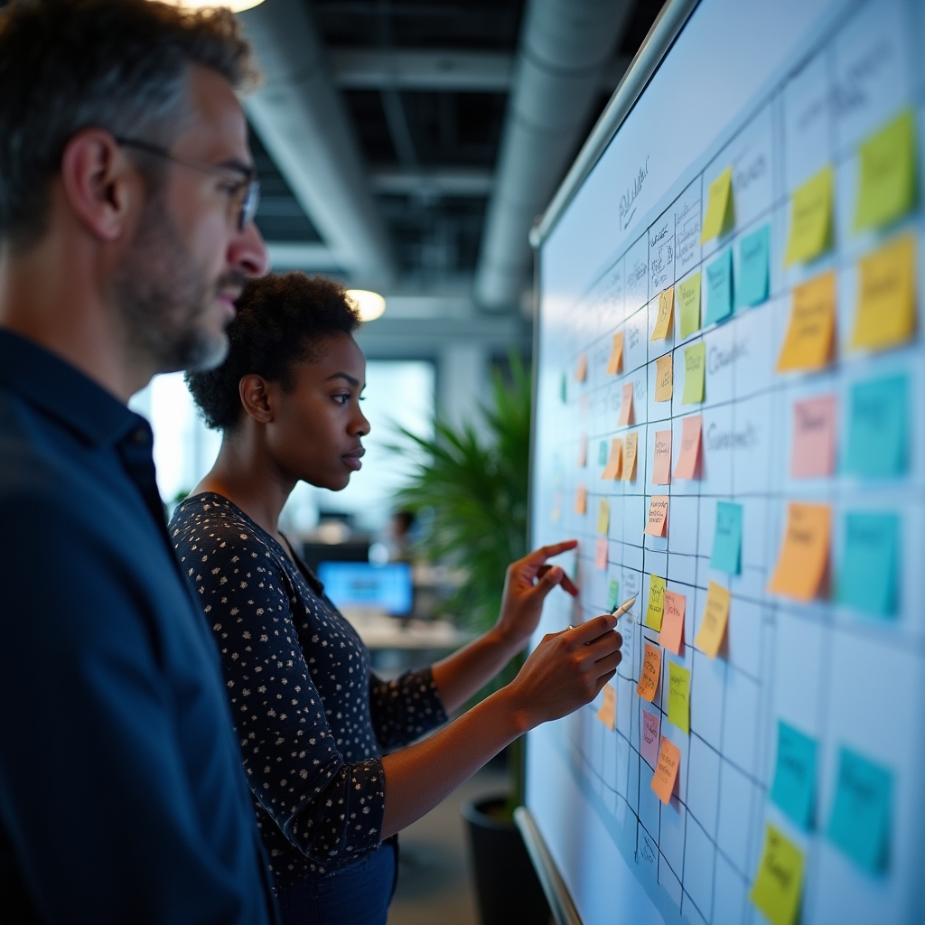 People operations team mapping promotion criteria on a whiteboard during a workshop